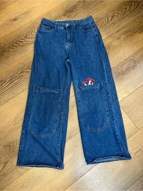 ROMWE Fairycore Mushroom Embroidery Wide Leg Jeans sz XL big pockets